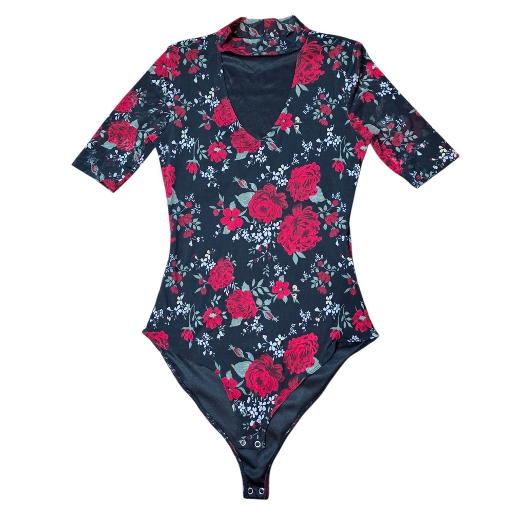 Almost Famous Floral Bodysuit Mock Neck Short Sleeve Black Red Womens‎ M